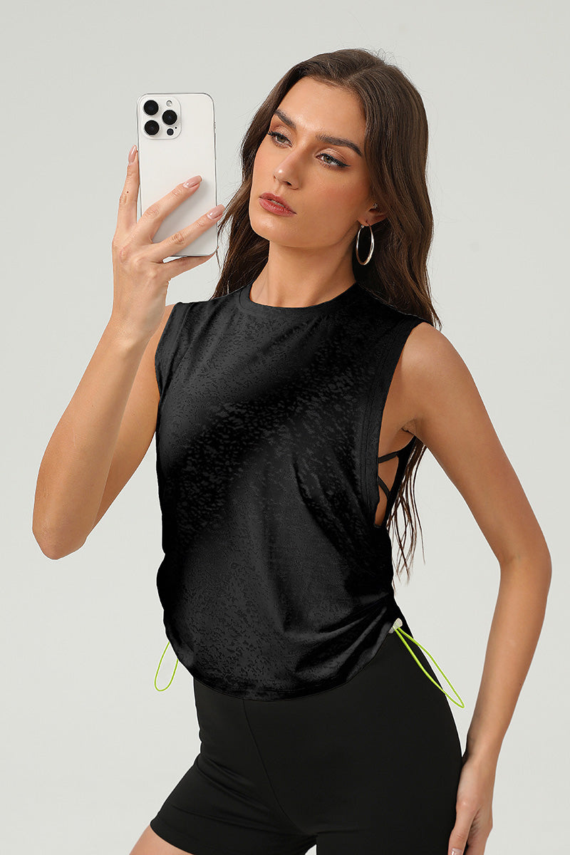 Women Summer Breathable Loose Round-Neck Drawstring Jacquard Yoga Blouse