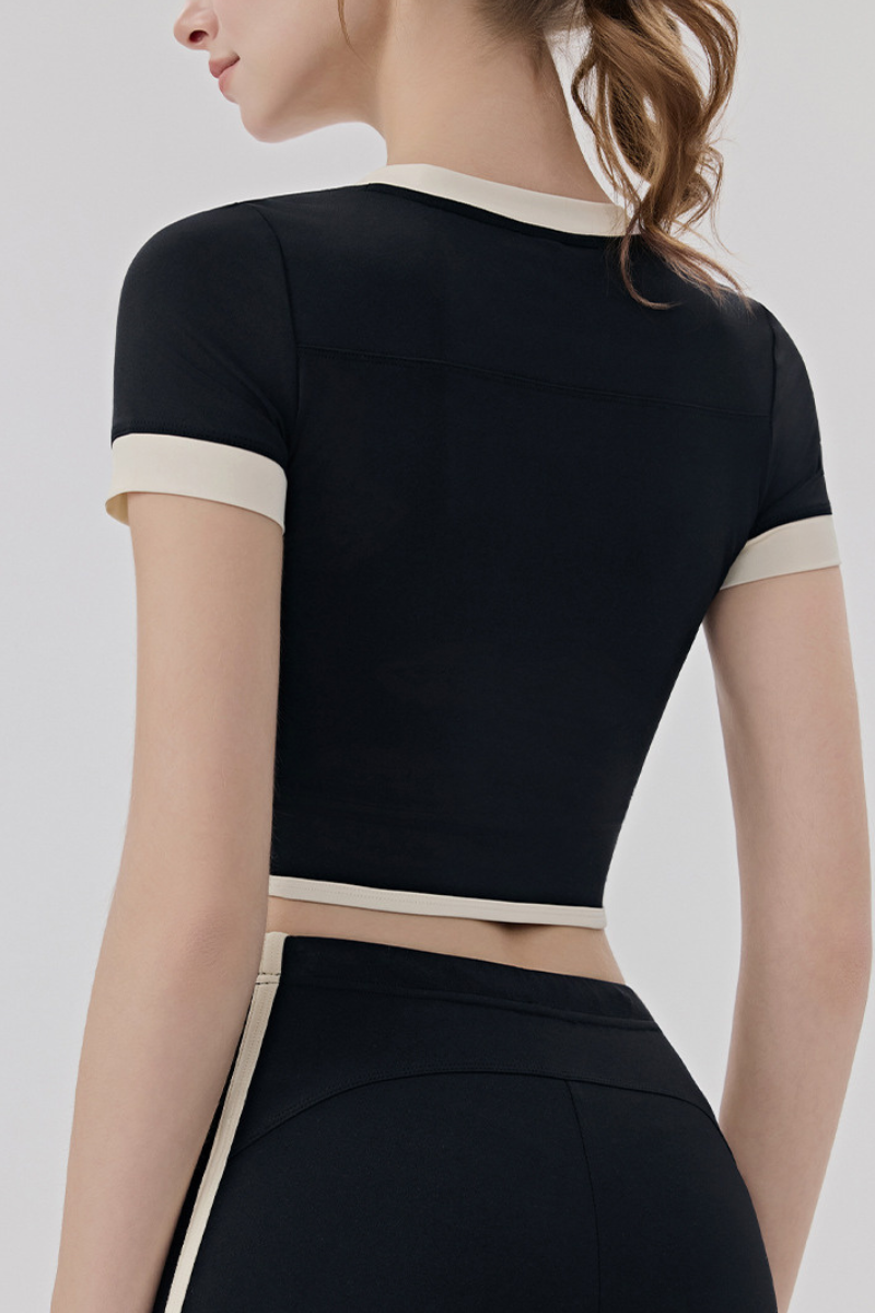 Women Slim Color Block V neck Cropped Yoga Athletic Tee
