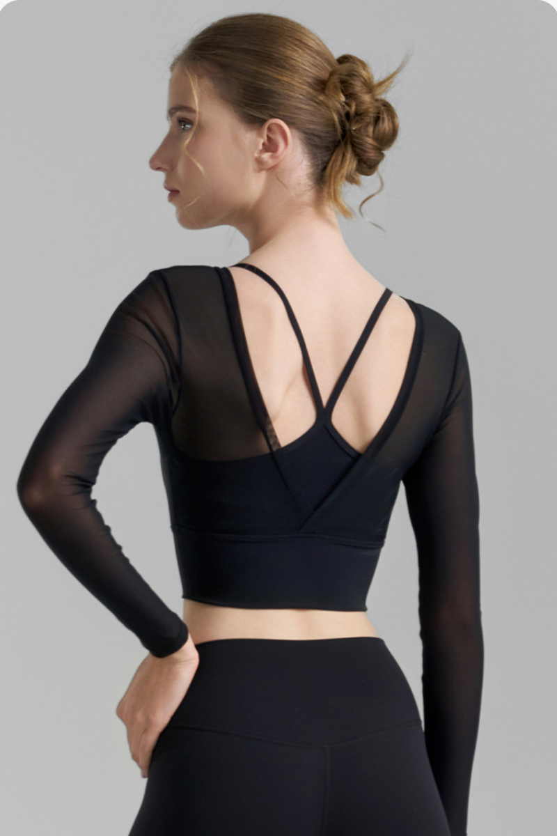 Women's Multi-Color Mesh Faux Two-Piece Cropped Yoga Top