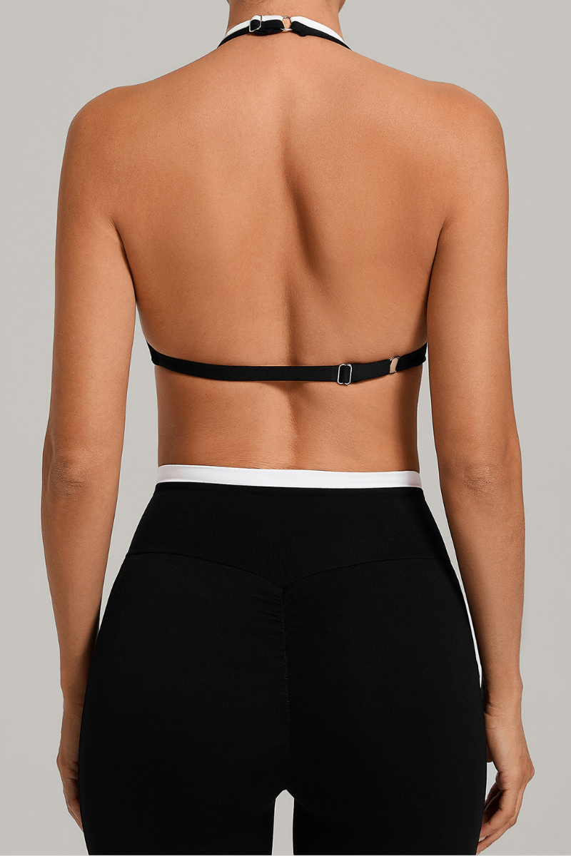 Women Summer Faux-Two-Piece Halter Color Block Sports Bra
