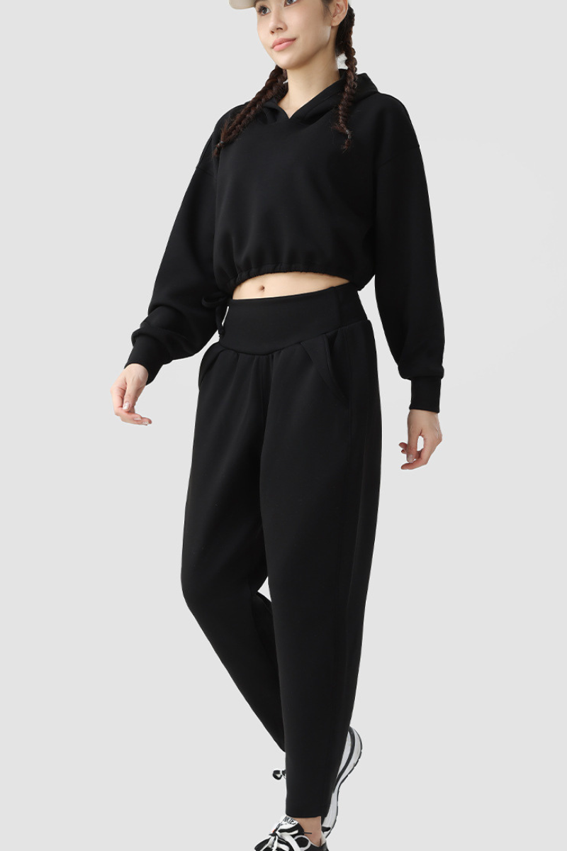 Women Cropped Hooded Top and High Waist Pants 2 Piece Set