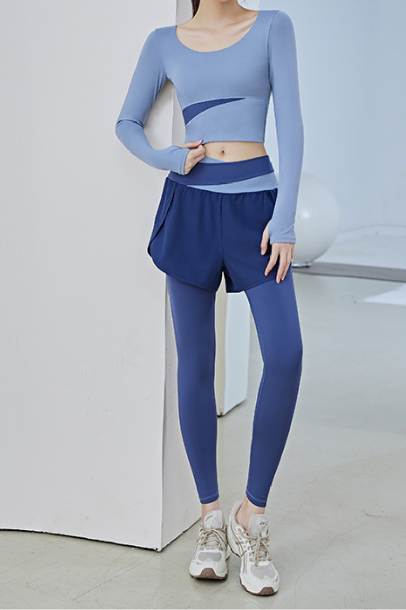 Women's Athletic Sets:Long Sleeve Top& 2-in-1 Shorts Leggings