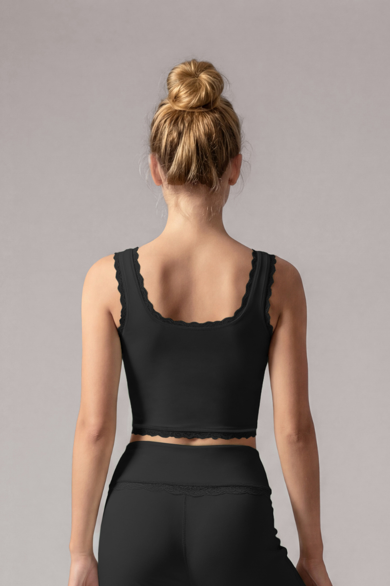 Women's Lace Trim Square Neck Cropped Sports Yoga Tank Top