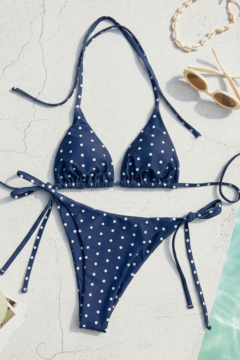 Women Summer Retro Polka Dot Triangle Halter Side Tie Bikini