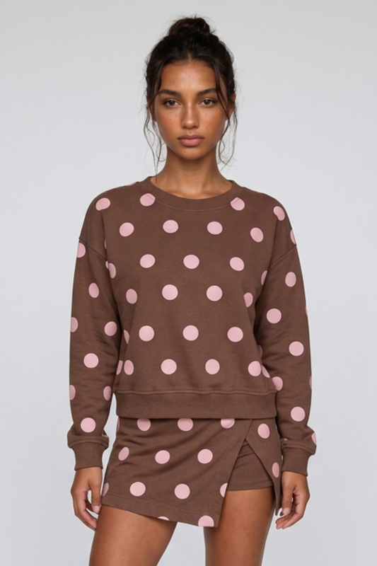 Women's Fall Polka Dot Crew Neck Pullover & Split Skort Set