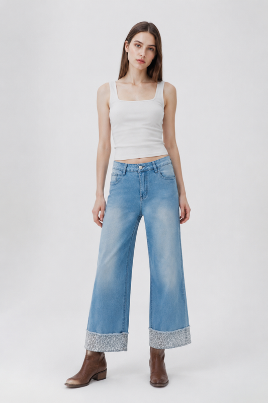 Women's Fall Leopard Print Cuff Relaxed Wide Leg Jeans