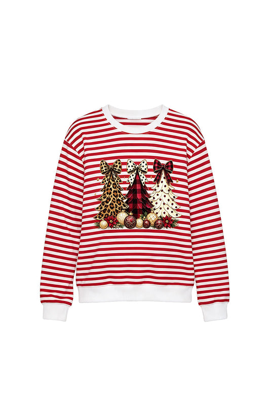 Women's Fall Striped Bow Christmas Tree Printed Pullover