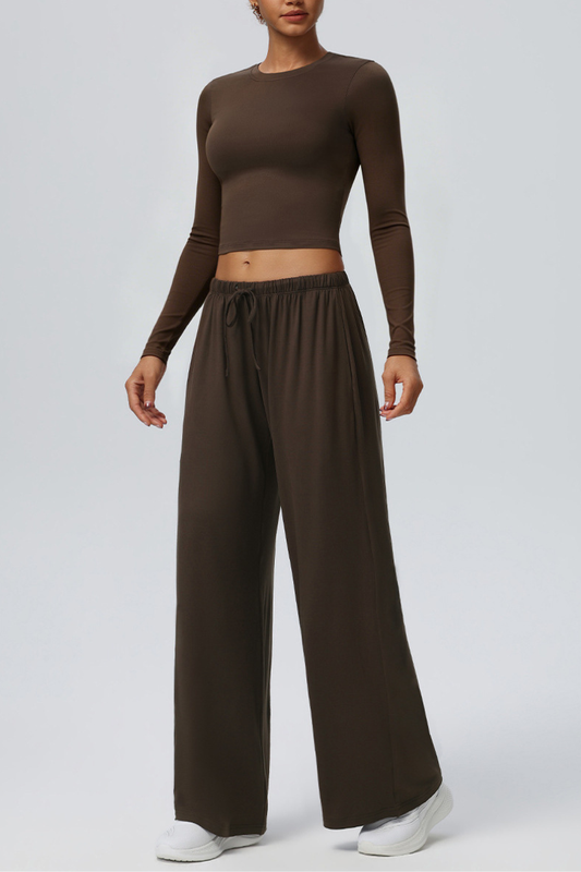 Women's Crew Neck Cropped Top and Casual Pants 2 Piece Set