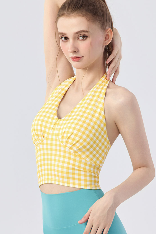 Women's Gingham Halter V-Neck Yoga Tank Top