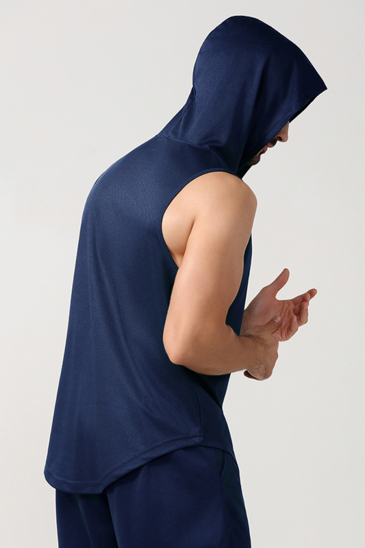 Men's Hooded Curved Hem Mesh Quick Dry Athletic Tank Top