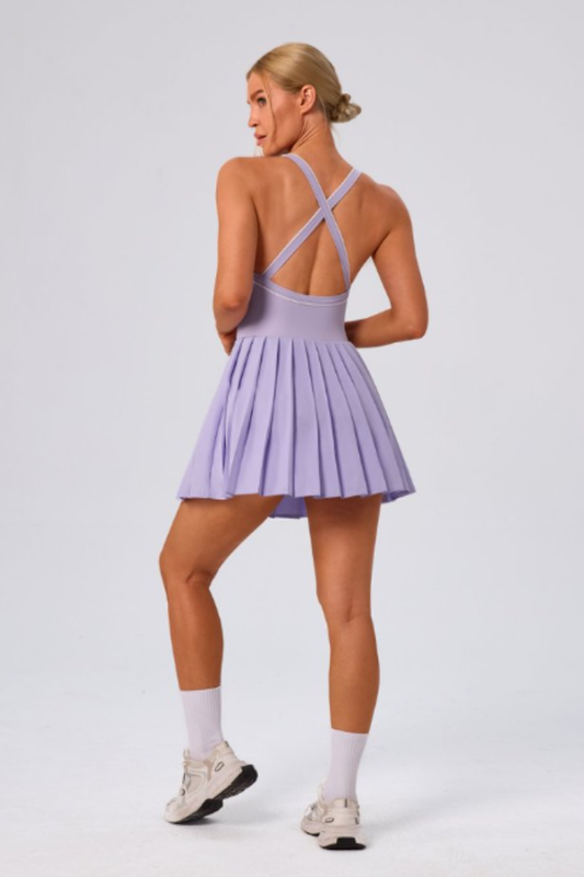 Women's Color Block V-Neck Cross-Back Pleated Tennis Dress