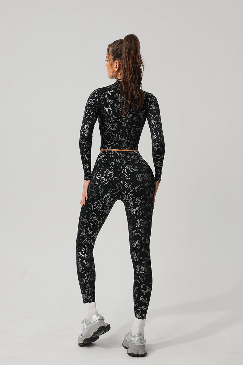 Women Gold Foil Fabric Sports Long Sleeves + Yoga Sports Leggings