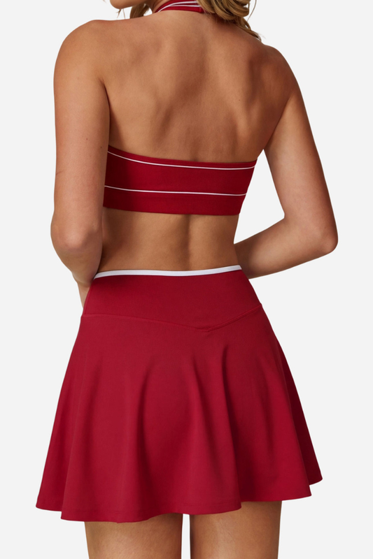 Women's Color Block Athletic Set :Halterneck Bra And Skirt
