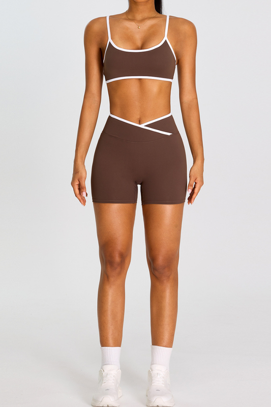 Women's Color-Block Sports Bra & Cross Waist Shorts Set