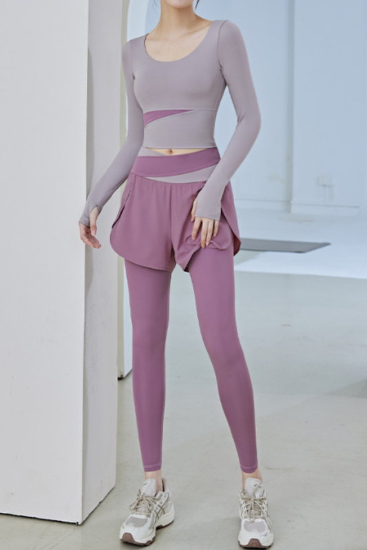 Women's Athletic Sets:Long Sleeve Top& 2-in-1 Shorts Leggings