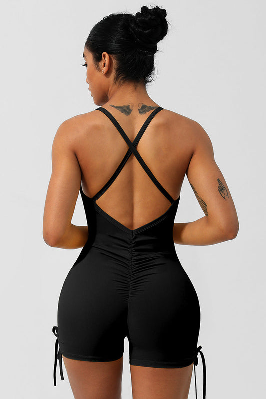 Women Criss Cross Back Drawstring Sport Jumpsuit