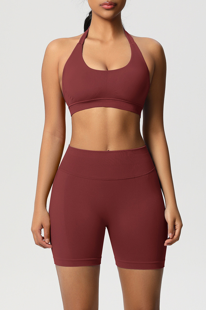 Women Halter Neck Yoga Set: High-Waisted Sculpting Shorts + Backless Sports Bra