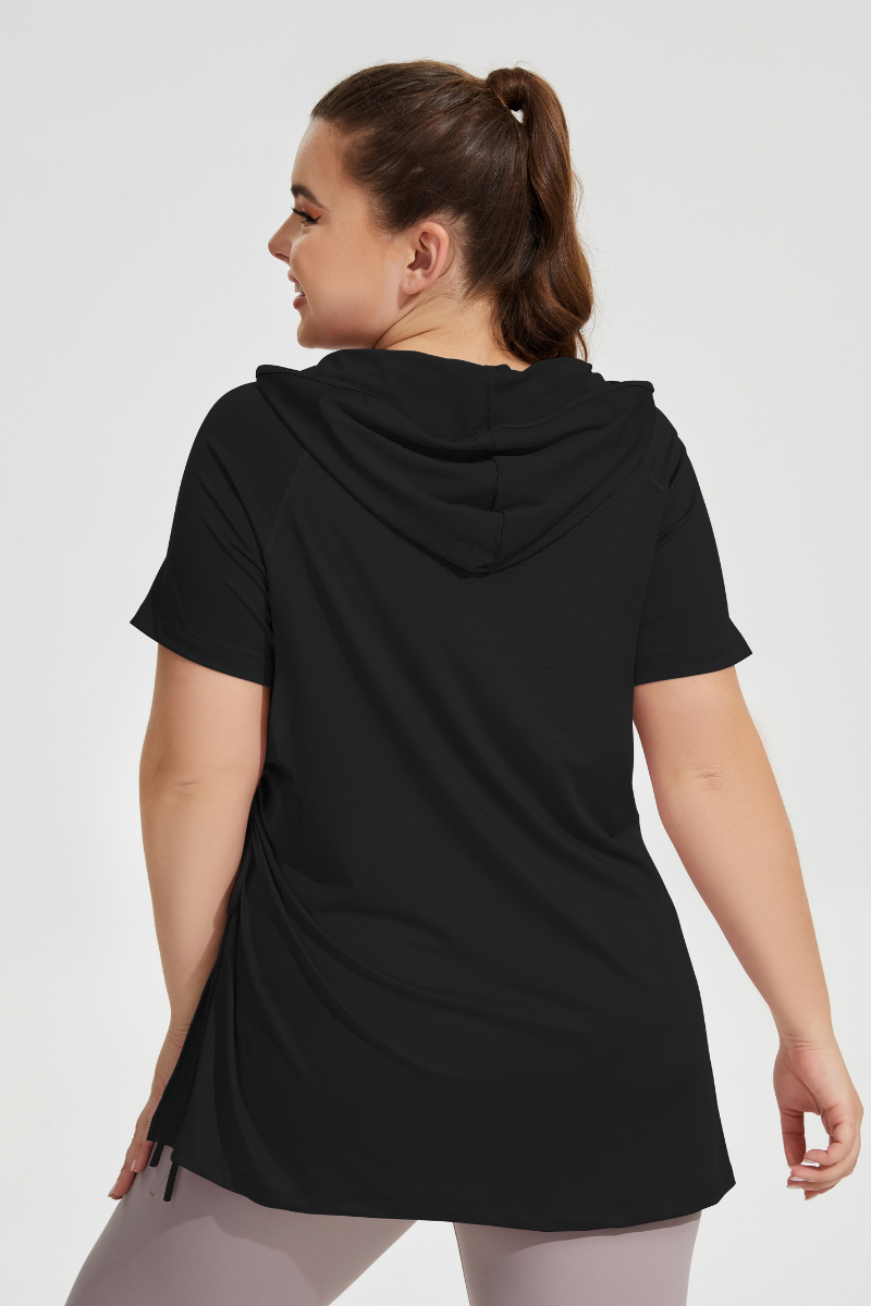 Plus Size Women's Side Drawstring Slit Hooded T-shirt