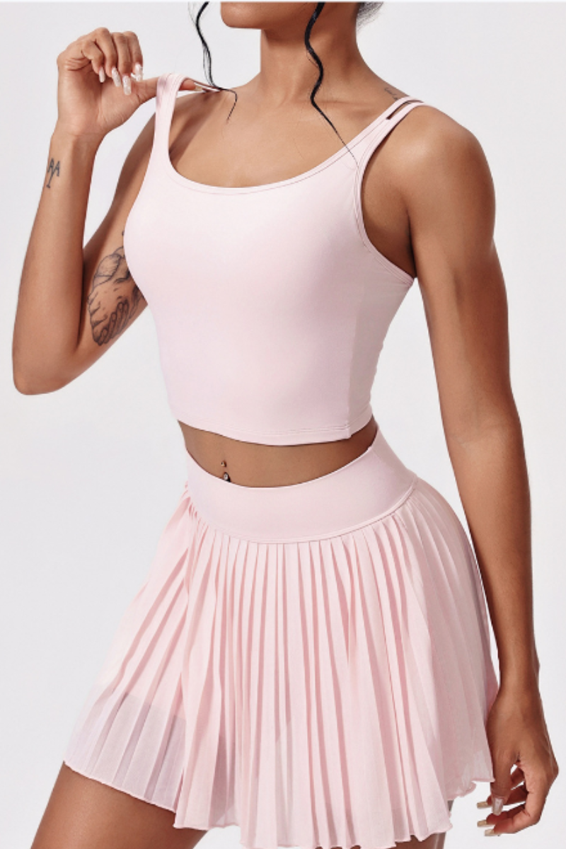 Women's Athletic Lace-Up Tank Top Pleated Skirt Tennis Sets