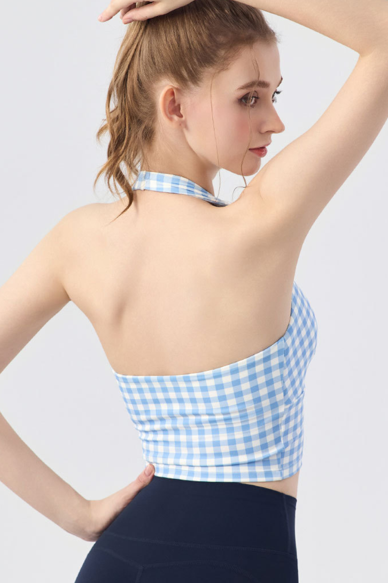 Women's Gingham Halter V-Neck Yoga Tank Top