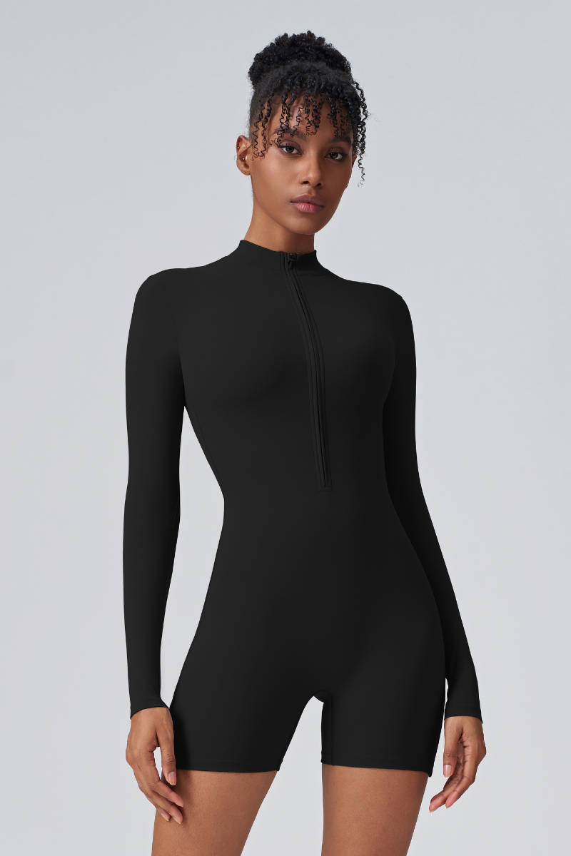 Women's Mock Neck Zip Sculpting Long Sleeve Shorts Jumpsuit