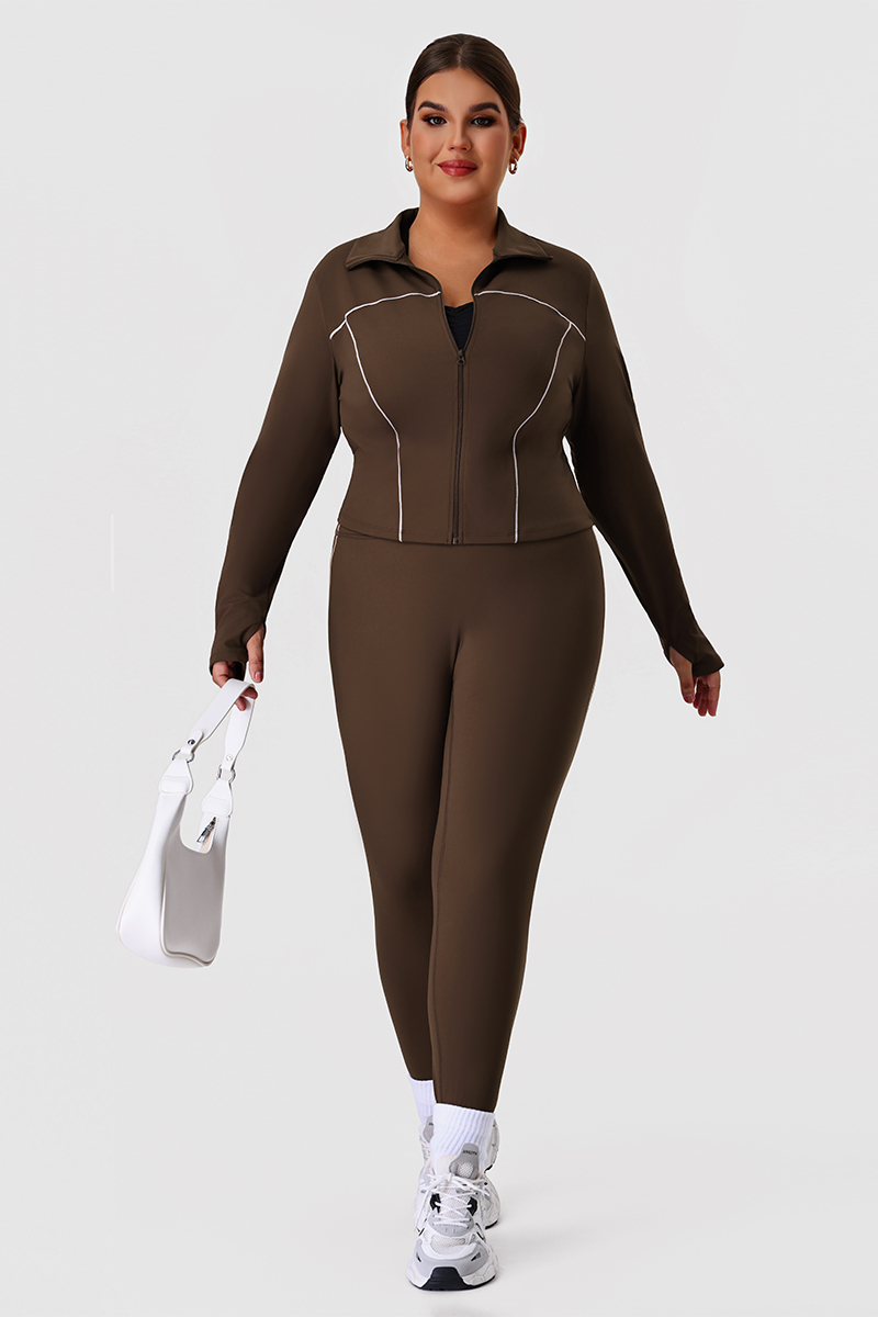 Plus Size Women's Color-Block Line Yoga Set With Jacket And Leggings