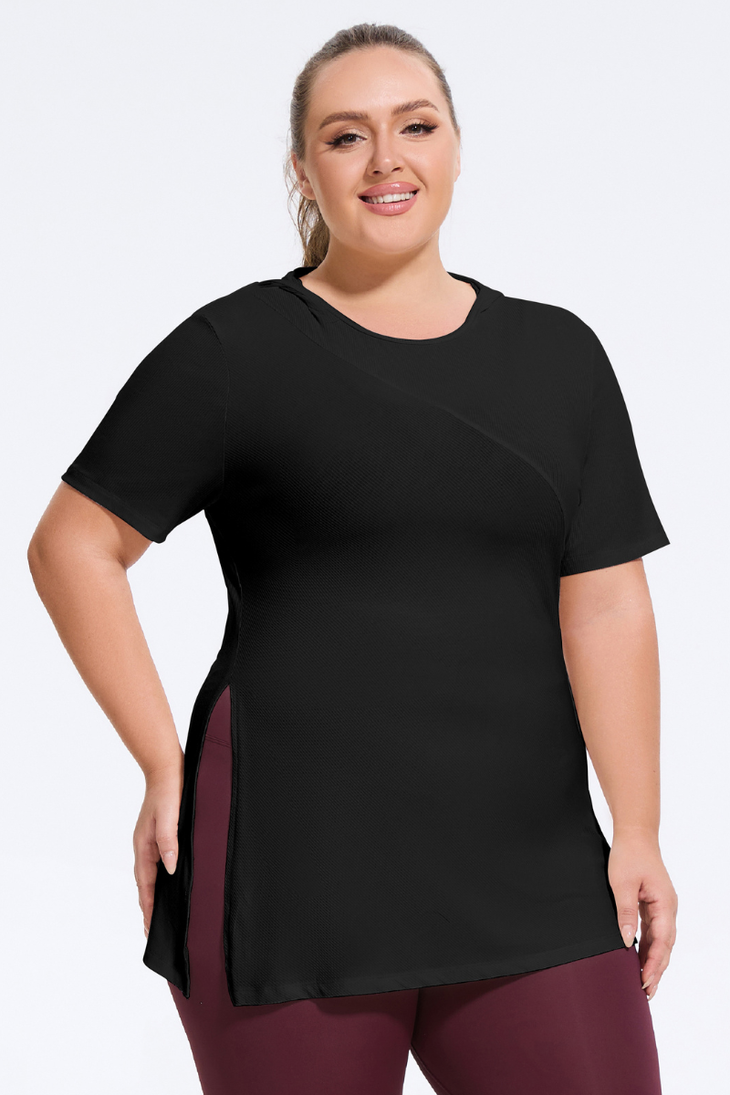 Plus Size Women's Ribbed Slit Yoga Hooded T-Shirt
