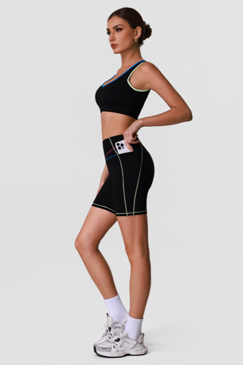 Women's Color Block Cutout Back Sports Bra & Shorts Set