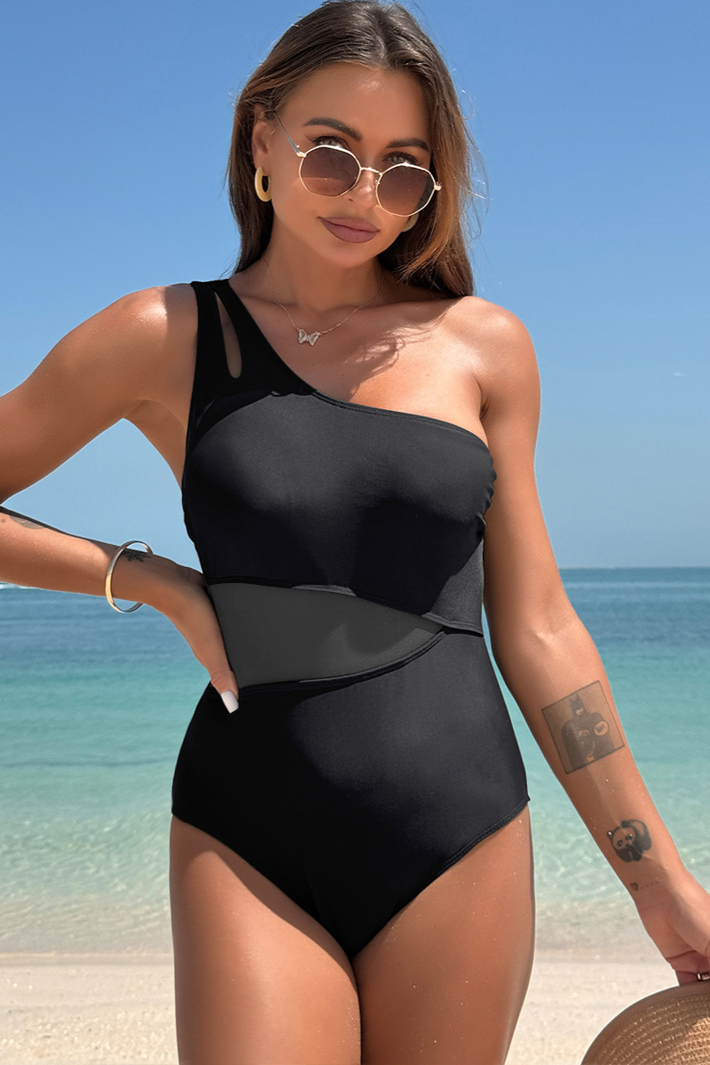 Women's One Shoulder Mesh-Trimmed One-Piece Swimsuit