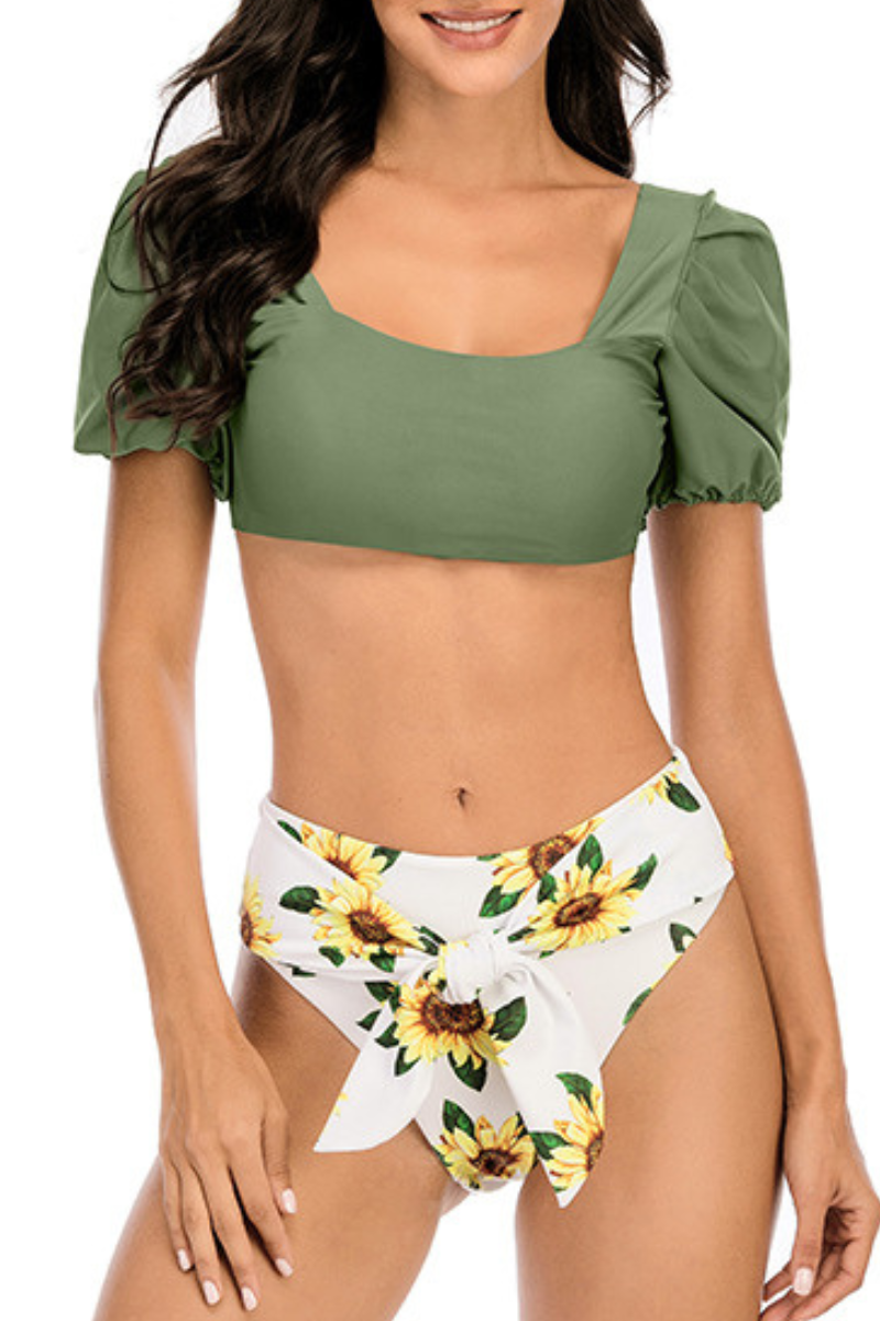 Women's Bishop Sleeve Back Cross High Waist Bikini Set