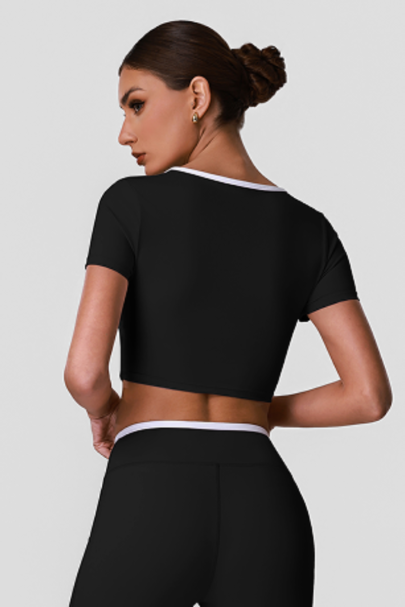 Women's Contrast Cross Cutout Neckline Cropped Workout Tee