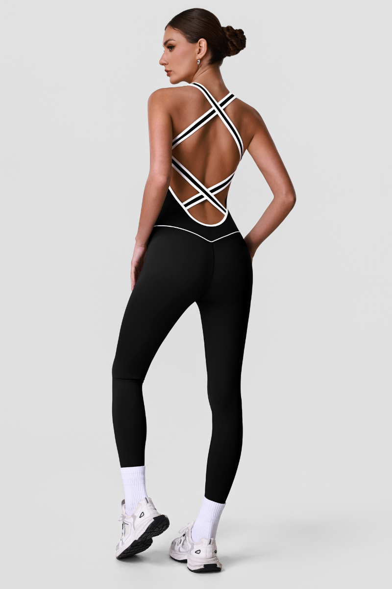 Women's Contrast Piping Crisscross Back Yoga Jumpsuits