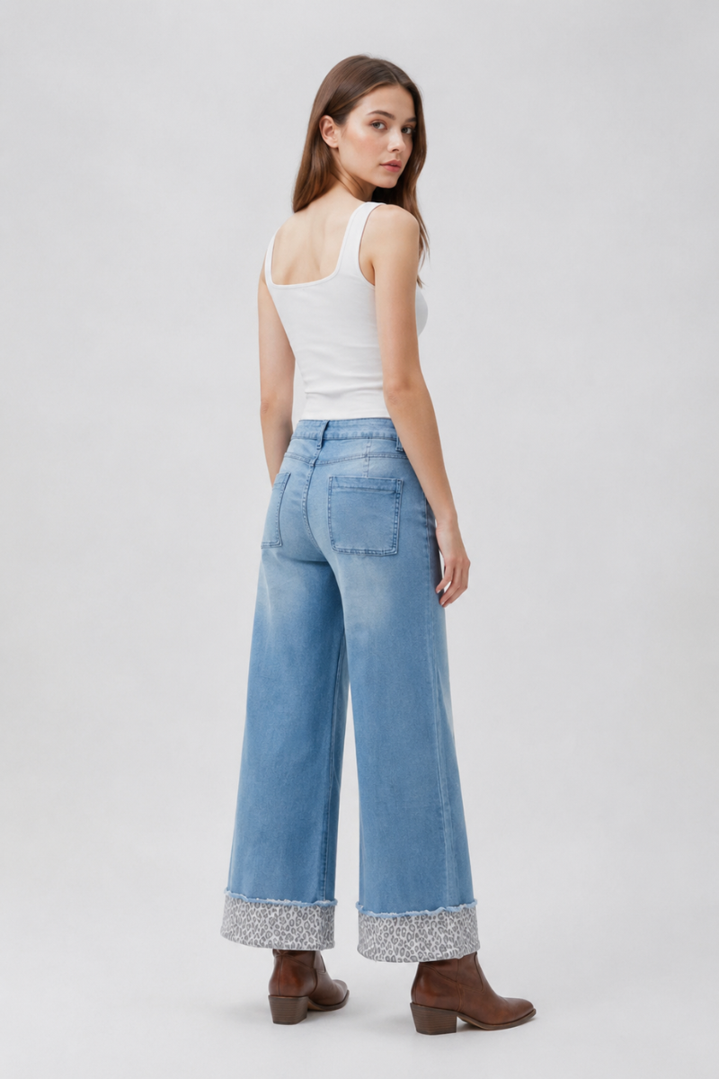 Women's Fall Leopard Print Cuff Relaxed Wide Leg Jeans