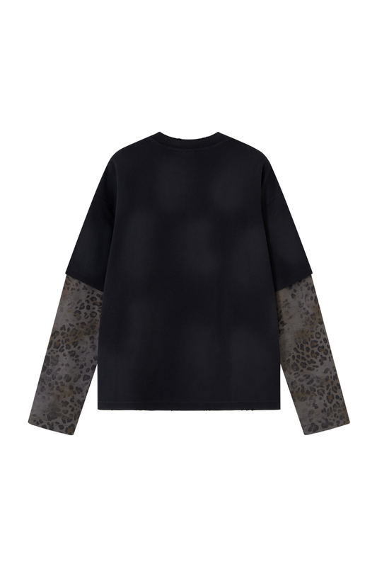Unisex Fall 100% Cotton Leopard Print Splicing Fake Two-Piece Long Sleeve Tee