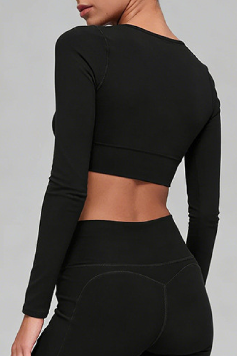 Women's Athletic V-Neck Ruched Cropped Long-Sleeve Top