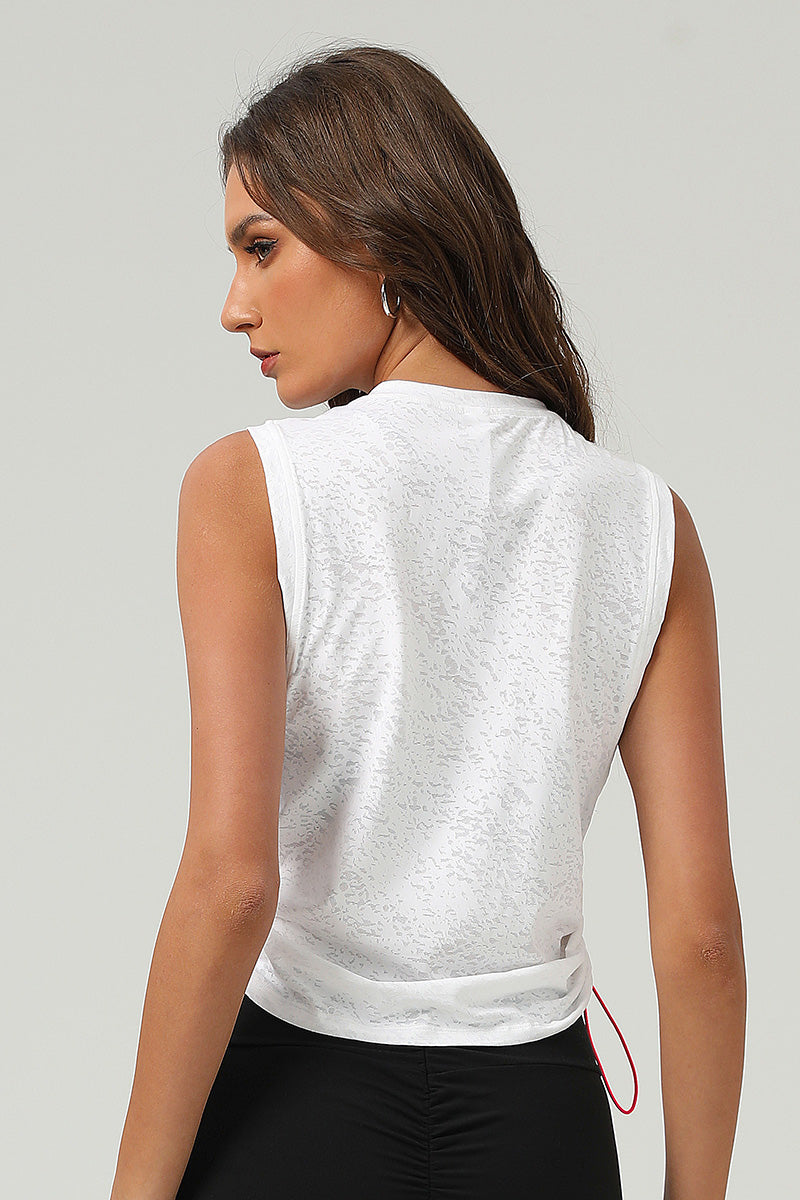 Women Summer Breathable Loose Round-Neck Drawstring Jacquard Yoga Blouse