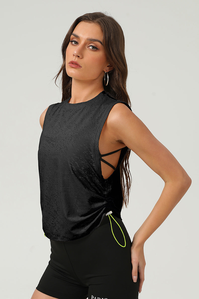 Women Summer Breathable Loose Round-Neck Drawstring Jacquard Yoga Blouse
