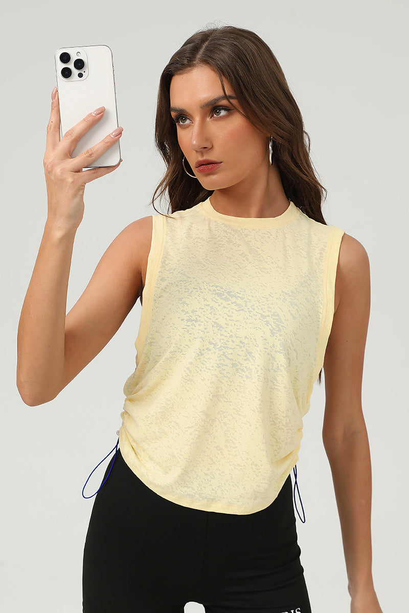 Women Summer Breathable Loose Round-Neck Drawstring Jacquard Yoga Blouse
