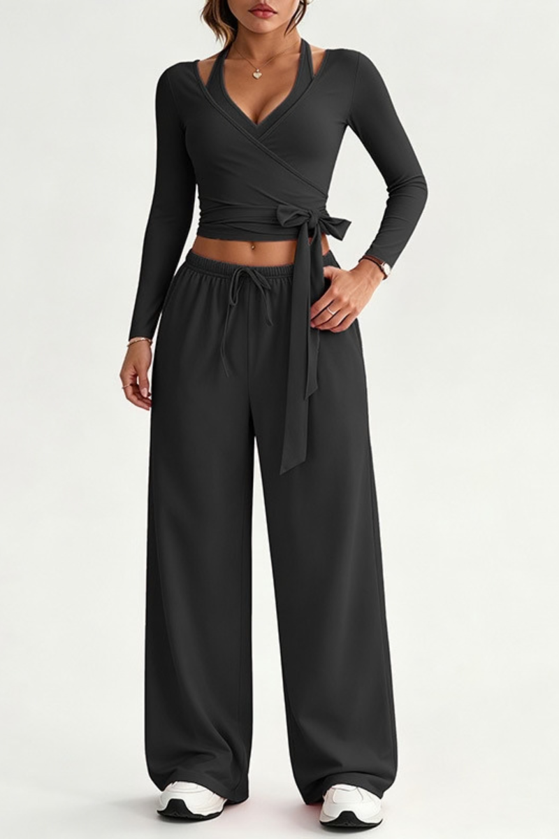 Women Fall Set:Tank Top & Wrap Tie Long Sleeve Top & Pants