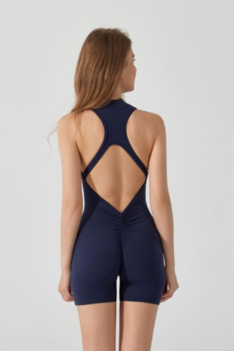 Women's Half Zip Pleated Buttocks Lift Sports Yoga Jumpsuits