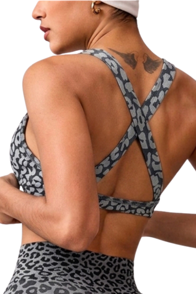 Women's Leopard Twist Cross Back Wide Strap Sports Bra
