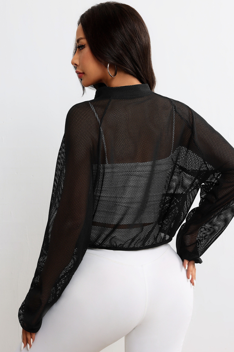 Women's Mock Neck Full Mesh Sheer Cropped Zip-Up Jacket