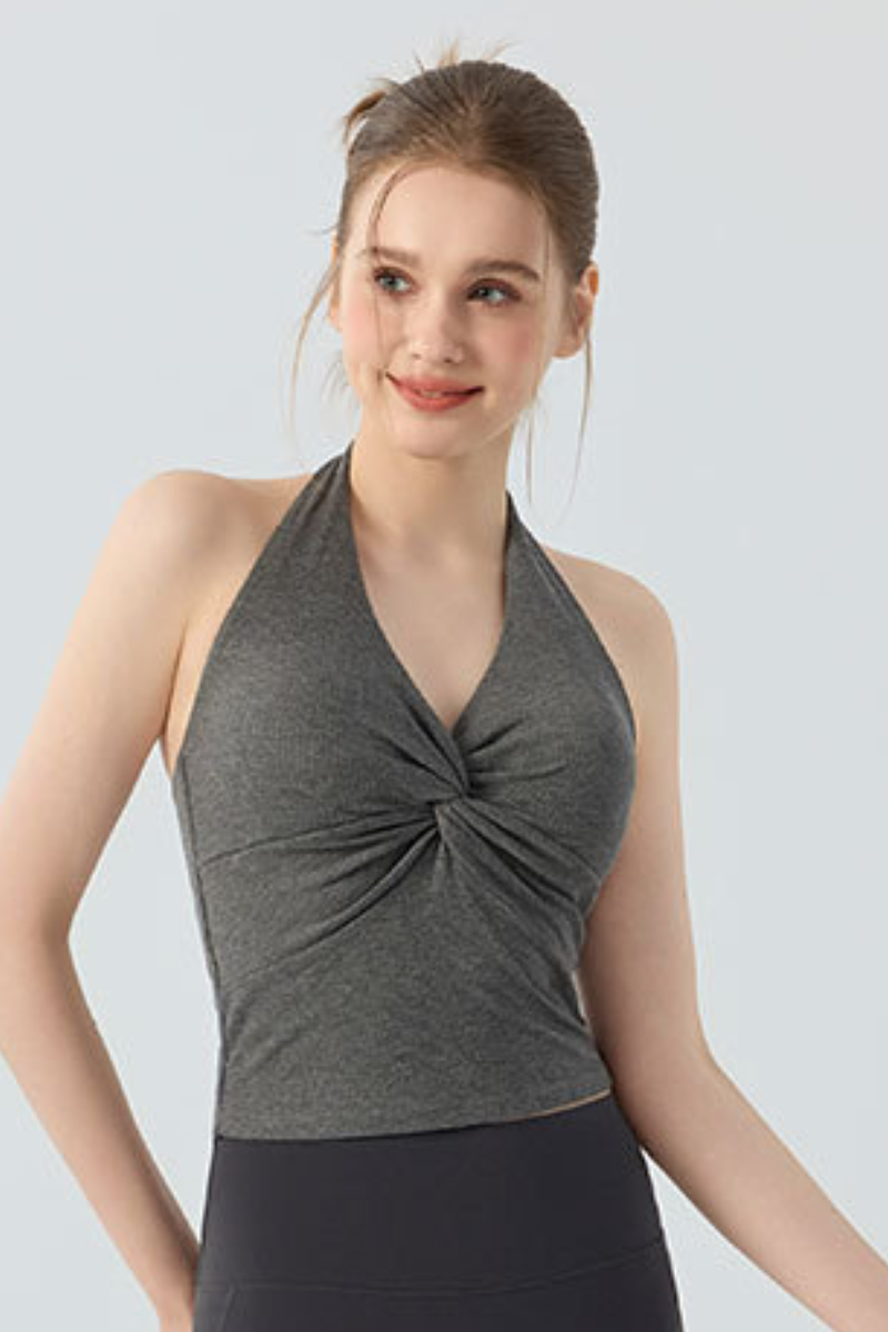 Women's Halter V-Neck Twist Front Padded Pilates Tank Top
