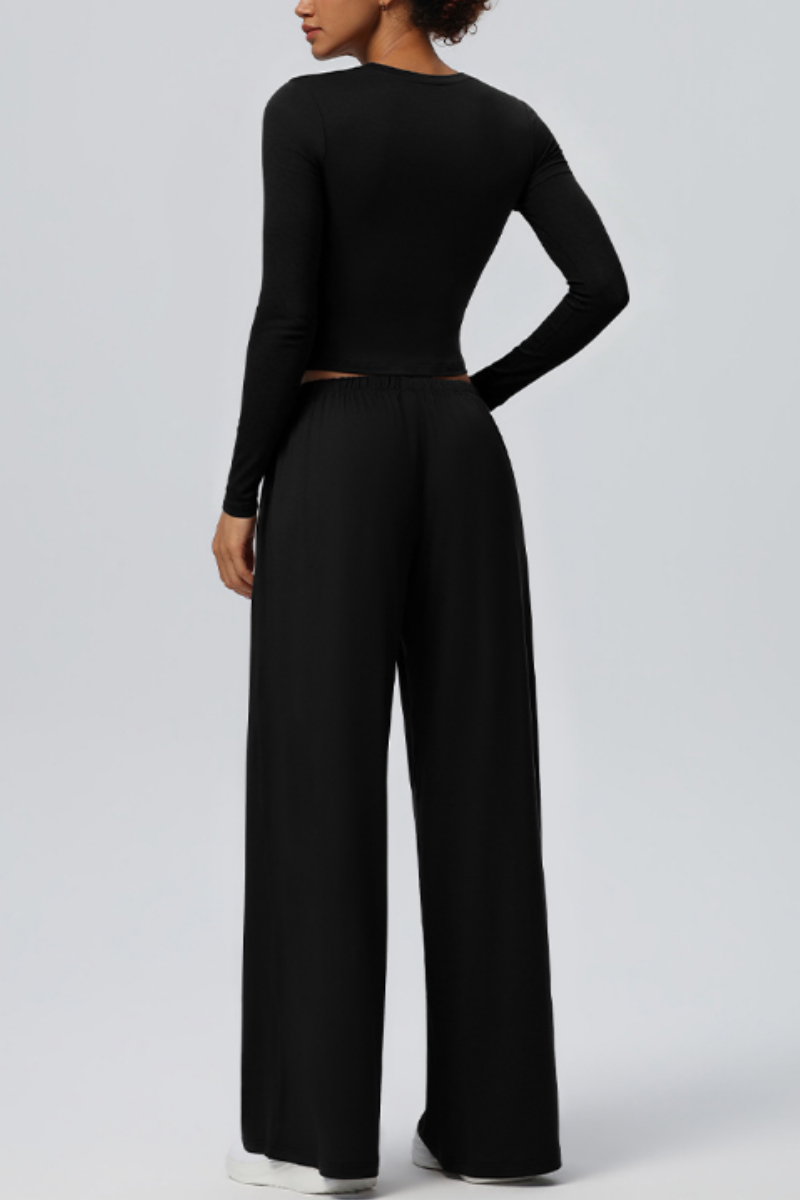 Women's Crew Neck Cropped Top and Casual Pants 2 Piece Set