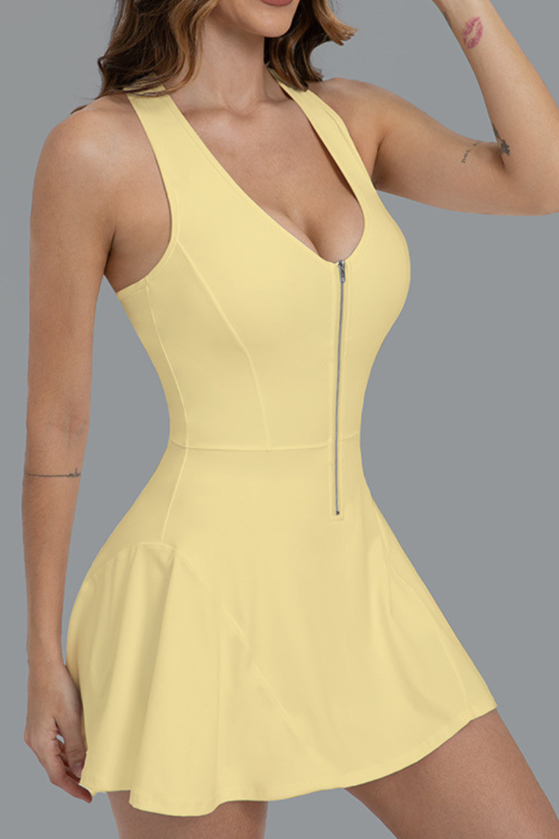 Women's Half Zip Halter Racerback Dress with Built-in Shorts