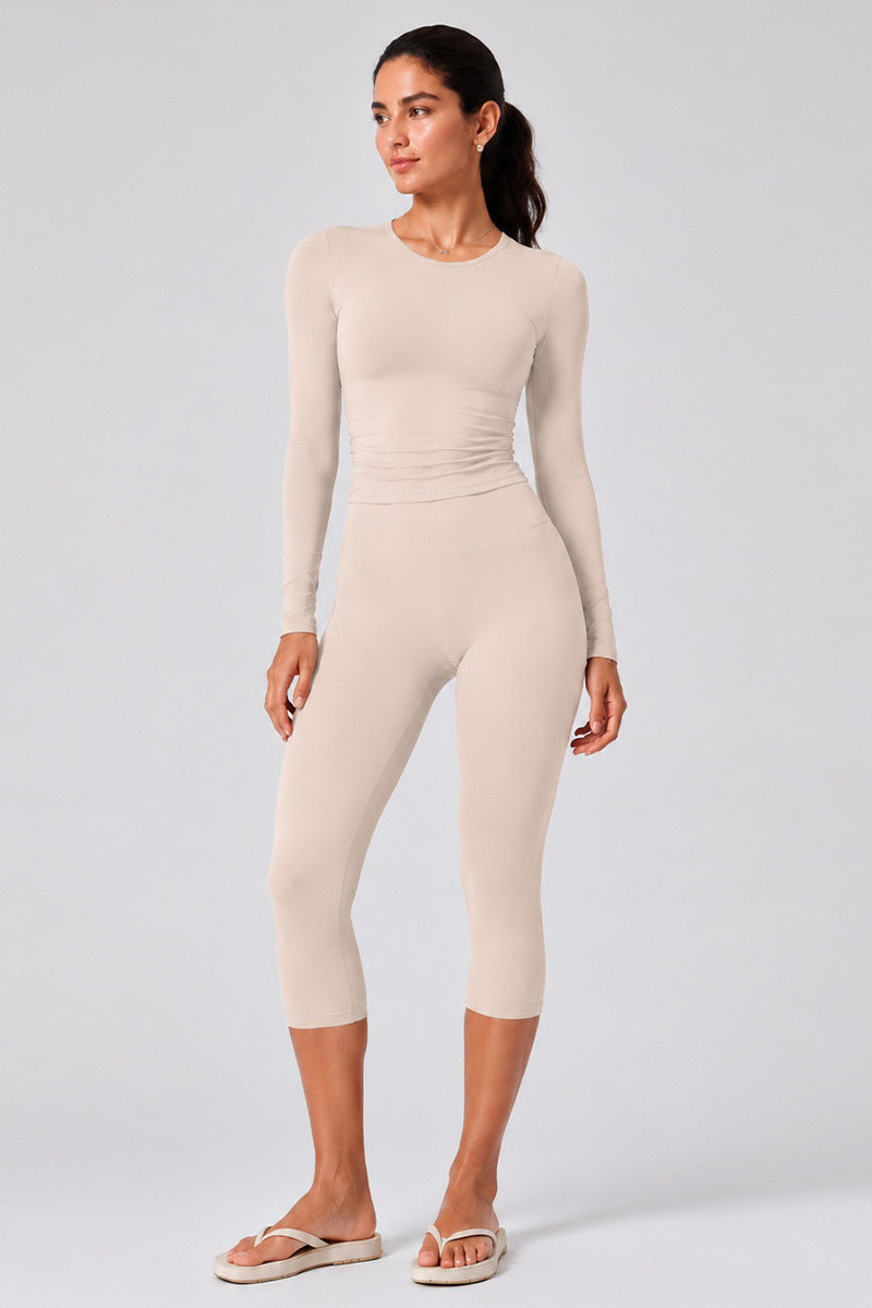 Women's Brushed Crew Neck Long Sleeve T-shirt And Capri Yoga Set