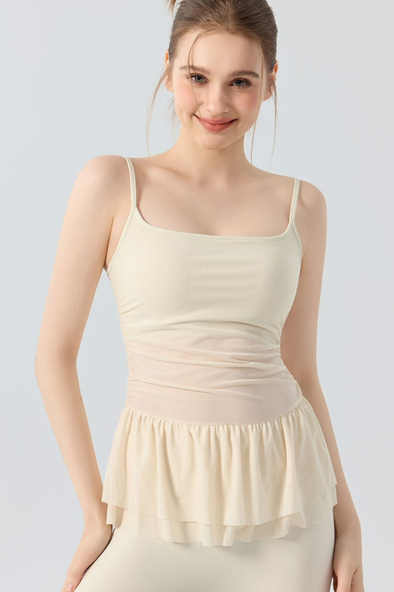 Women's Double Ruffle Hem Mesh Ruched Waist Yoga Cami