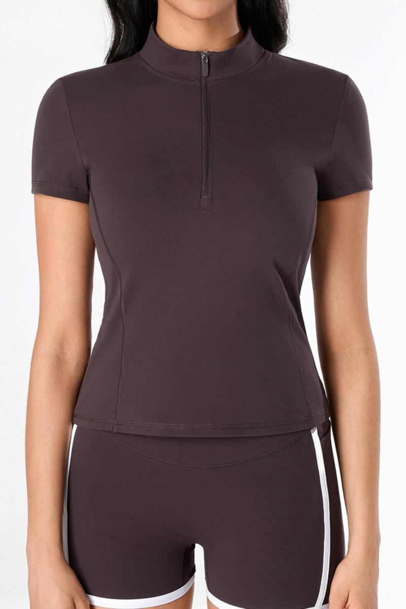 Women's Half-Zip Mock Neck Fitted Short Sleeve Workout Top