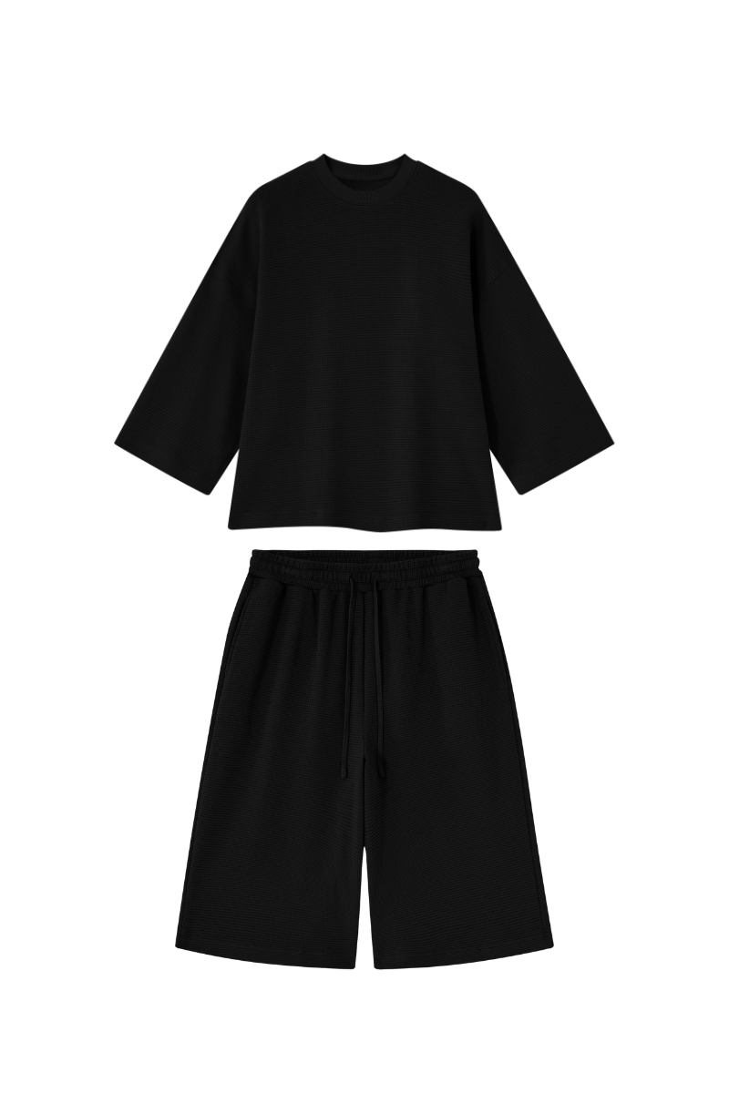 Men's Waffle Knit Set:Loose Fit T-shirt & Knee Length Shorts