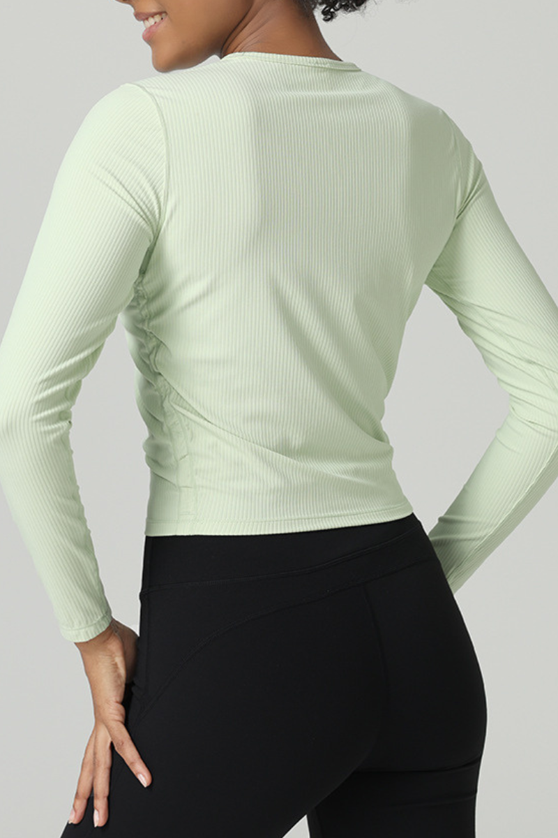 Women's Fall Ribbed Side Ruched Cropped Long Sleeve Athletic Top